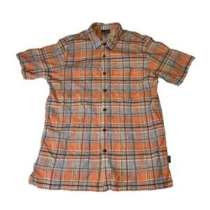 Patagonia Shirt Men's Medium Orange Plaid Organic Cotton Short Sleeve Outdoors